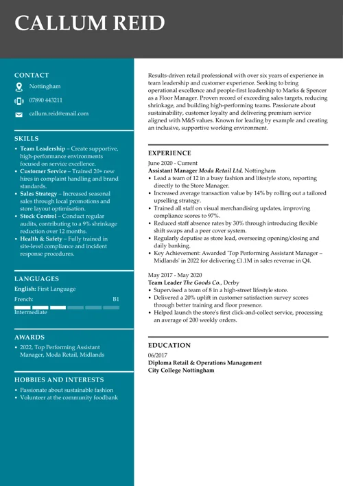 Marks & Spencer CV example