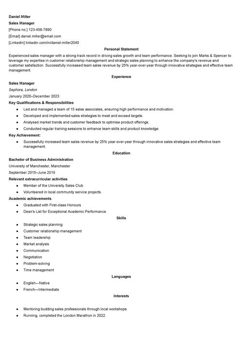 Marks and Spencer CV example