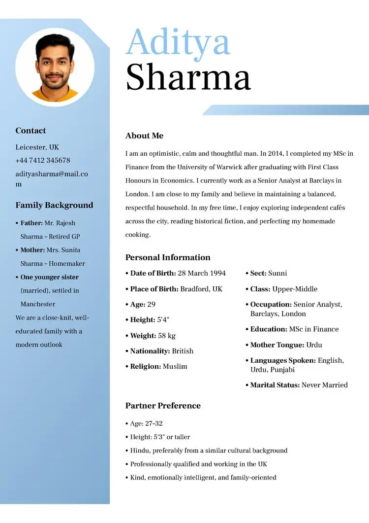 Marriage biodata for a male example