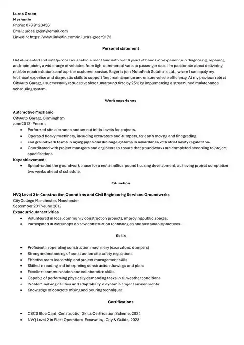 mechanic CV example
