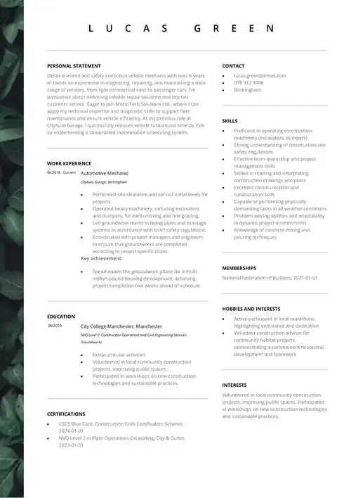 mechanic CV example