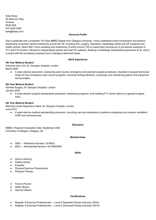 Medical CV example