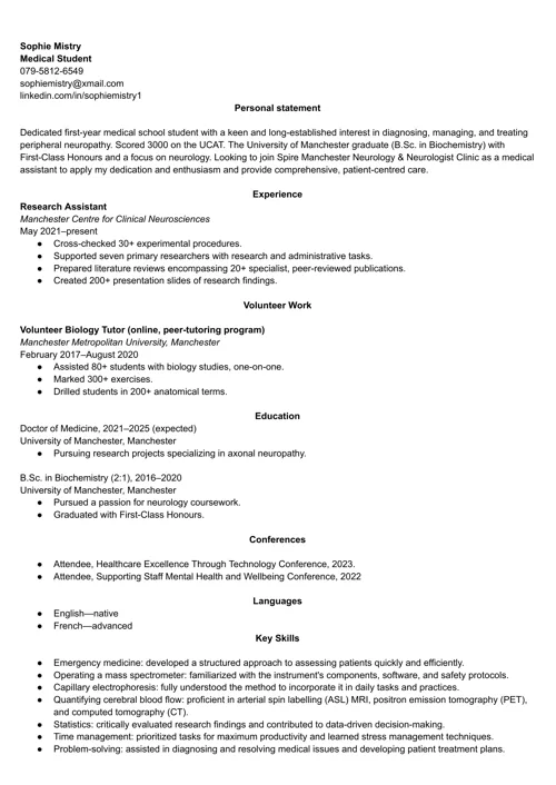 medical student CV example
