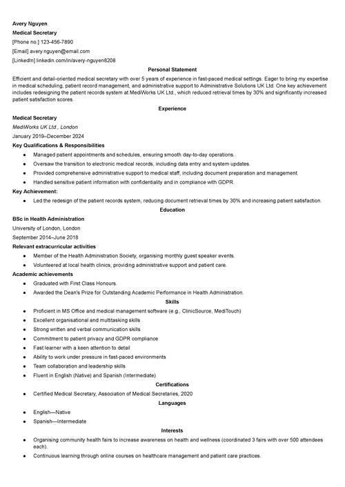 Medical secretary CV example