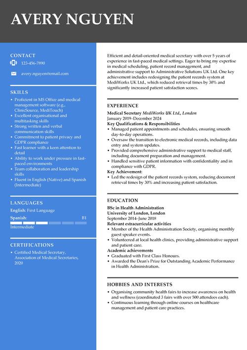 Medical secretary CV example