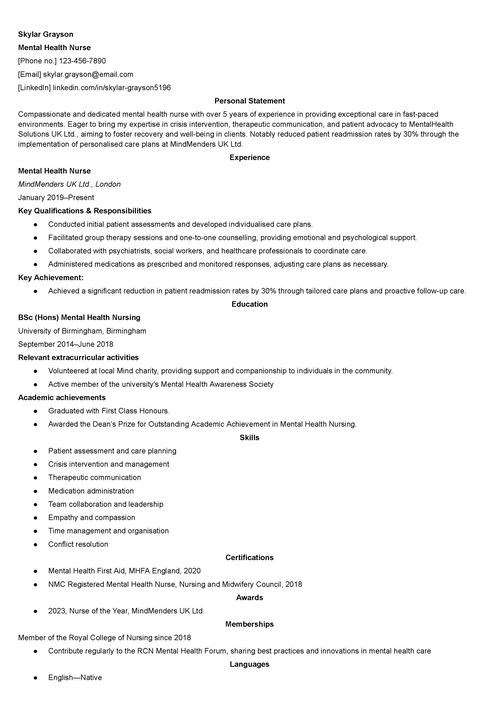 mental health nurse CV example