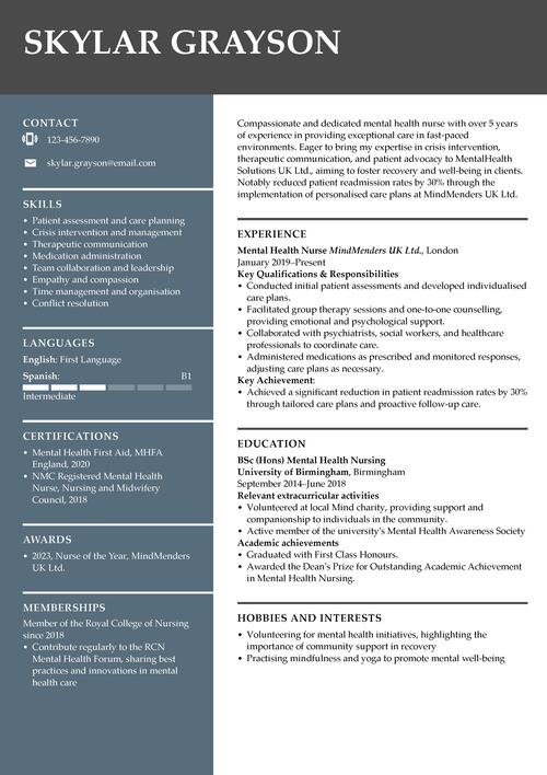 mental health nurse CV example