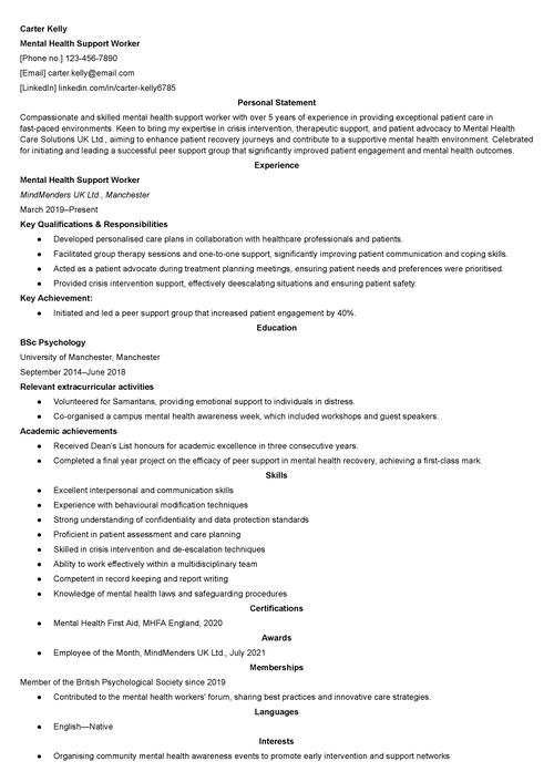 mental health support worker CV example