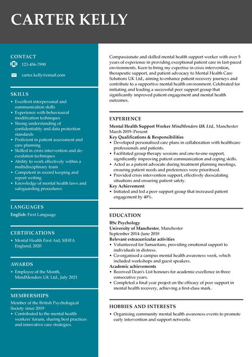 mental health support worker CV example