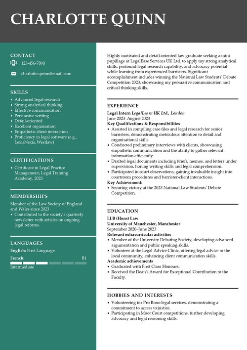 Mini pupillage CV example