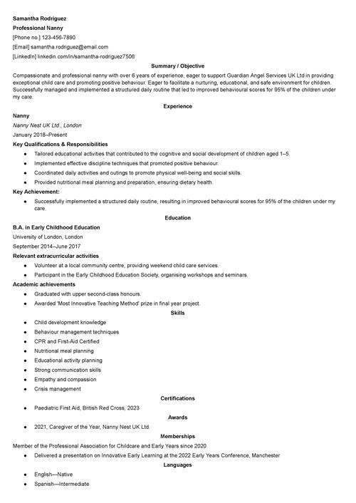 nanny CV example