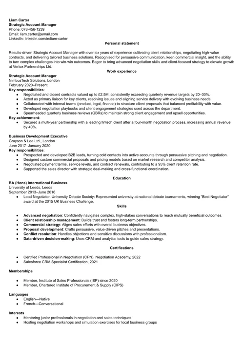 CV sample emphasising negotiation skills