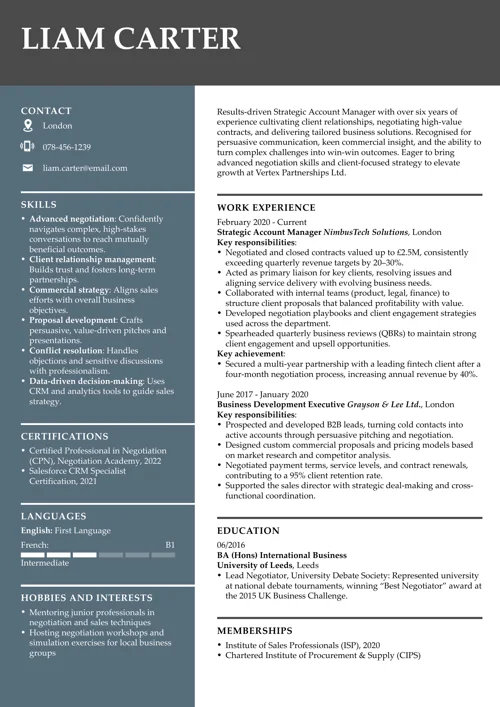 CV sample emphasising negotiation skills