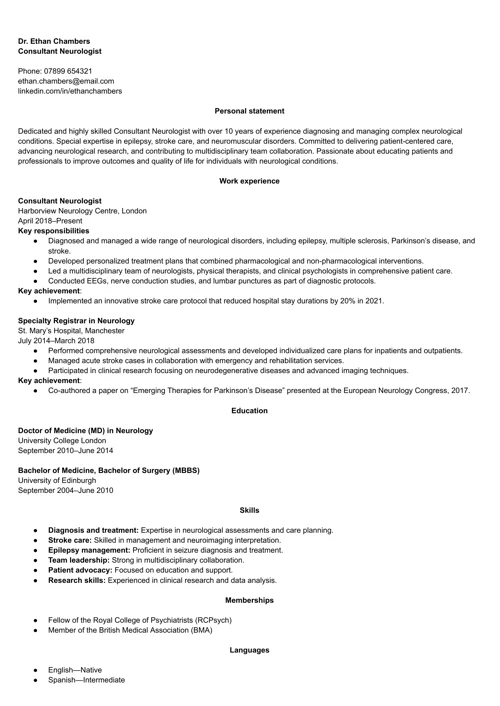 Neurologist CV Example