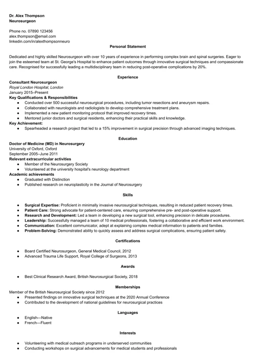 Neurosurgeon CV example