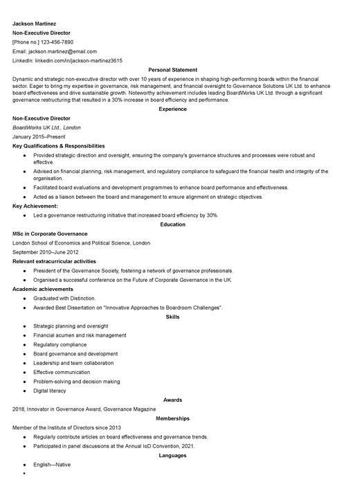 non-executive director CV example