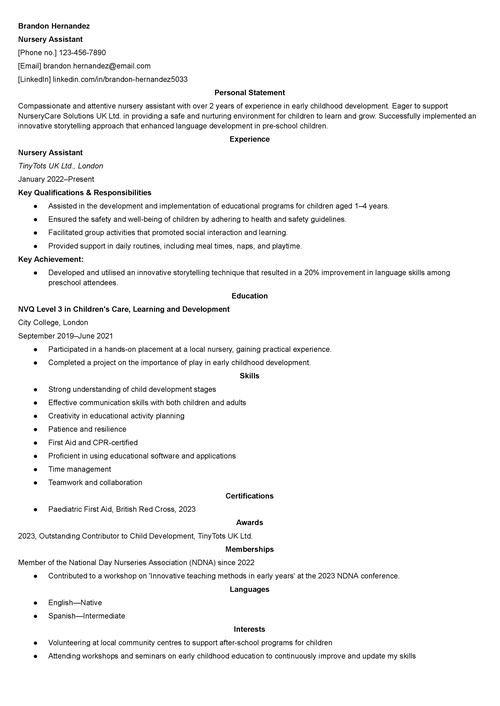 nursery assistant CV example