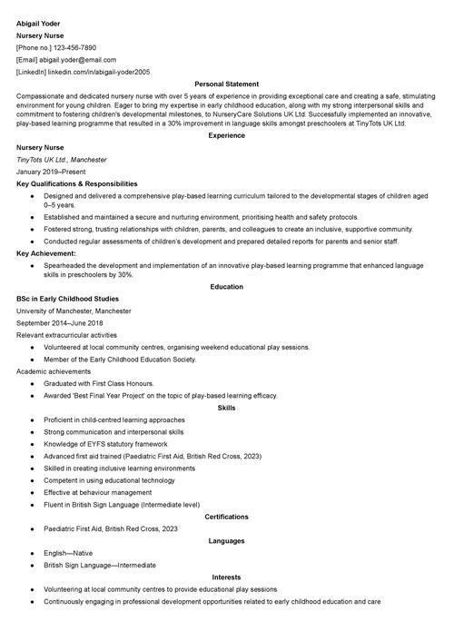 nursery nurse CV example