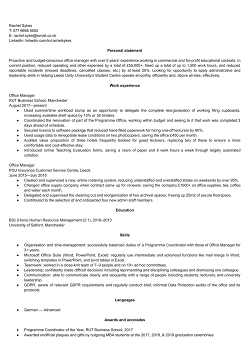 Sample office manager CV
