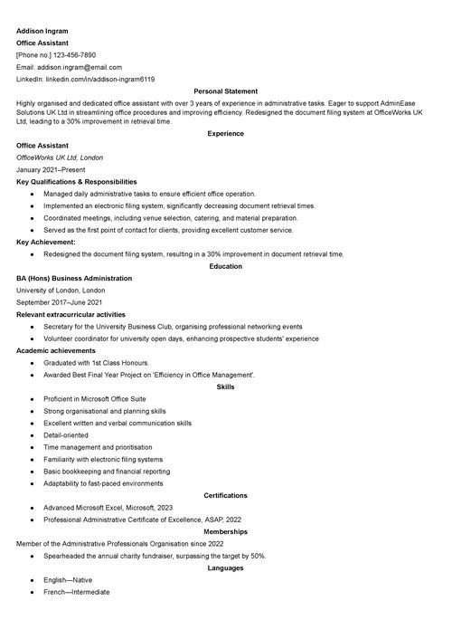 office assistant CV example