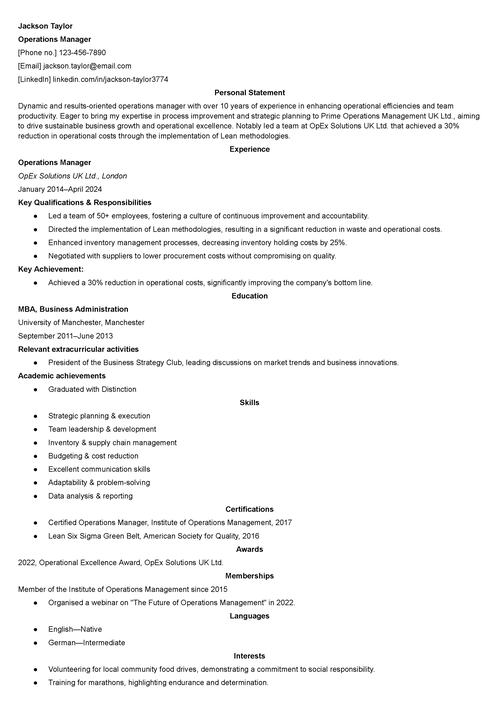 operations manager CV example