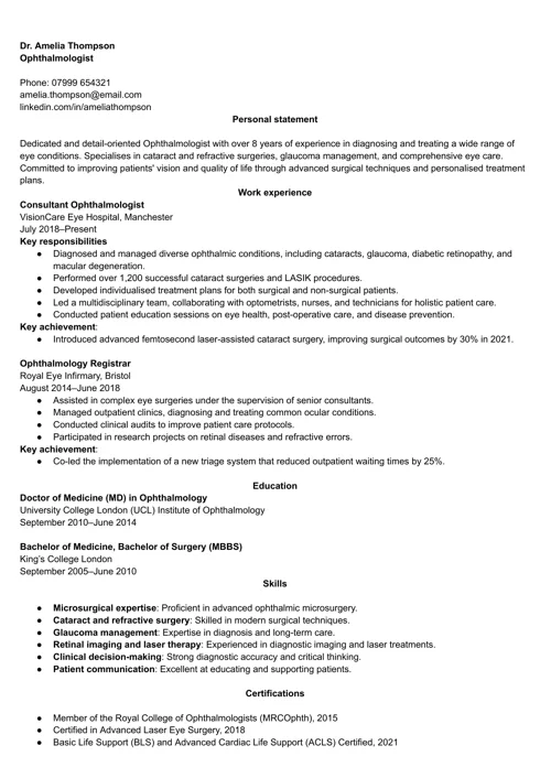 Ophthalmologist CV example