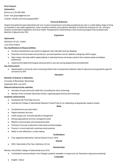 optometrist CV example