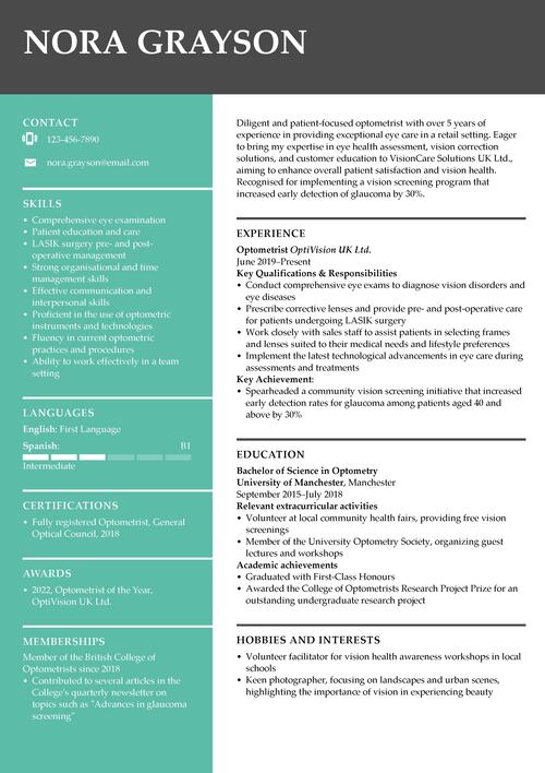 optometrist CV example