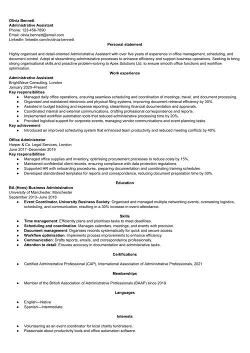 CV sample emphasising organisational skills