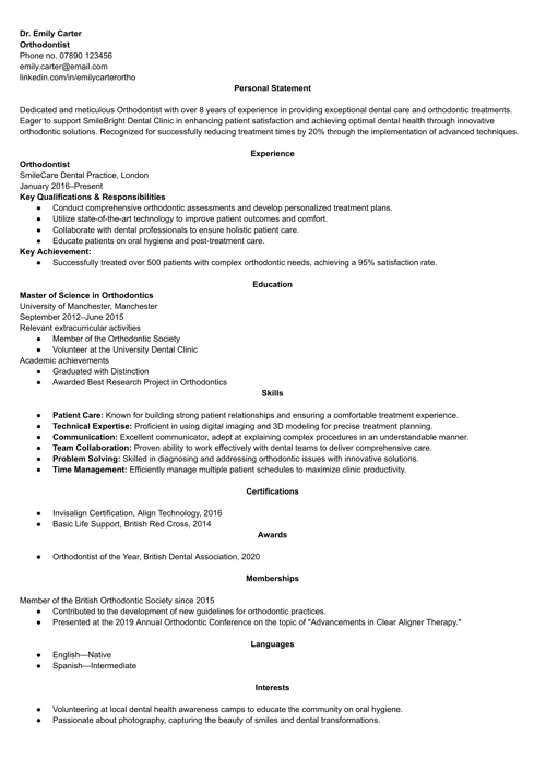 Orthodontist CV example