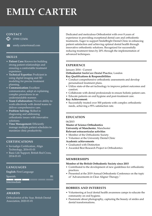Orthodontist CV example