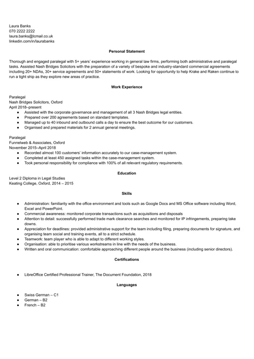 Paralegal CV example