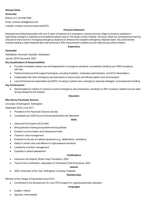 paramedic CV example