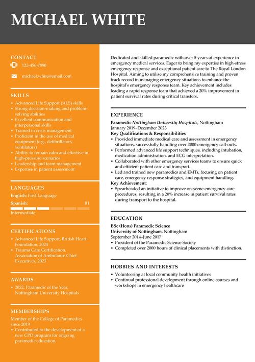 paramedic CV example