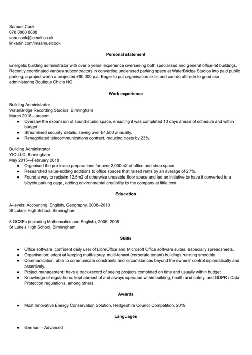 CV personal details example
