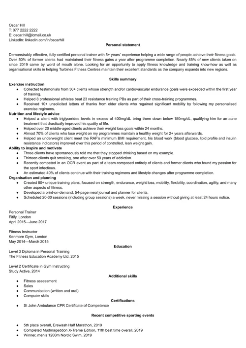 Personal trainer CV example
