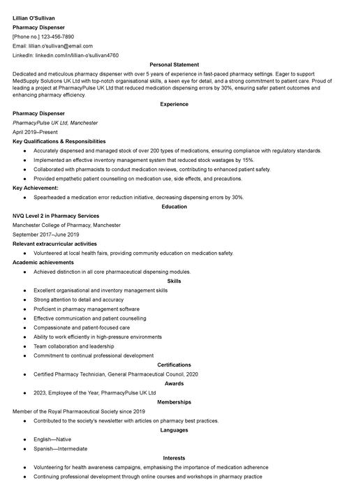 pharmacy assistant CV example