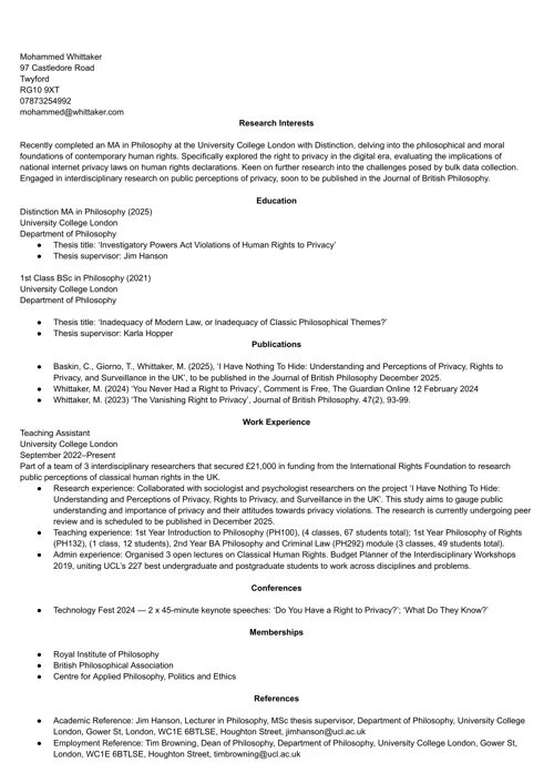 PhD application CV example
