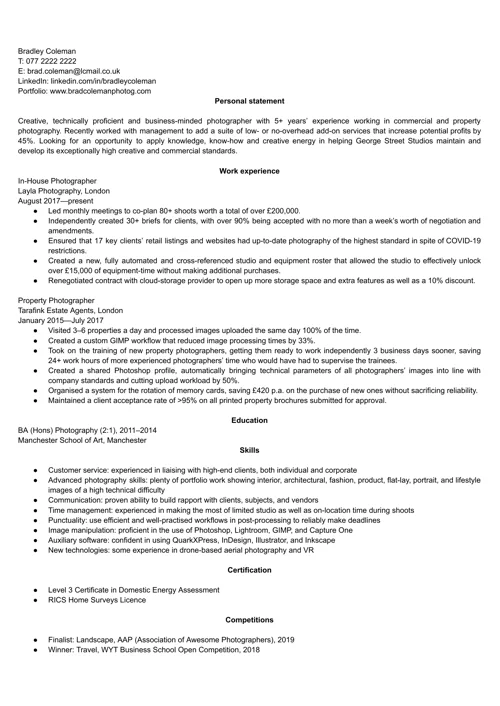 Photographer CV example
