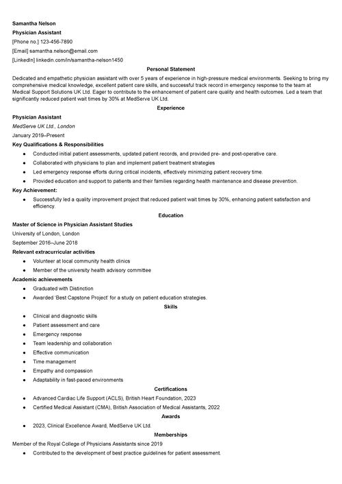 physician assistant CV example