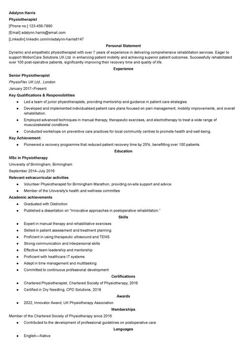 physiotherapist CV example