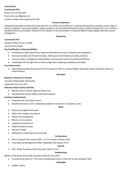 pilot CV example