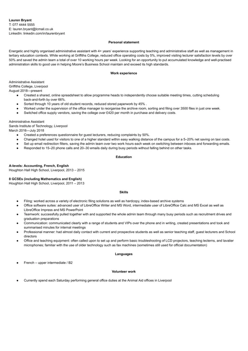 Administrative assistant CV example