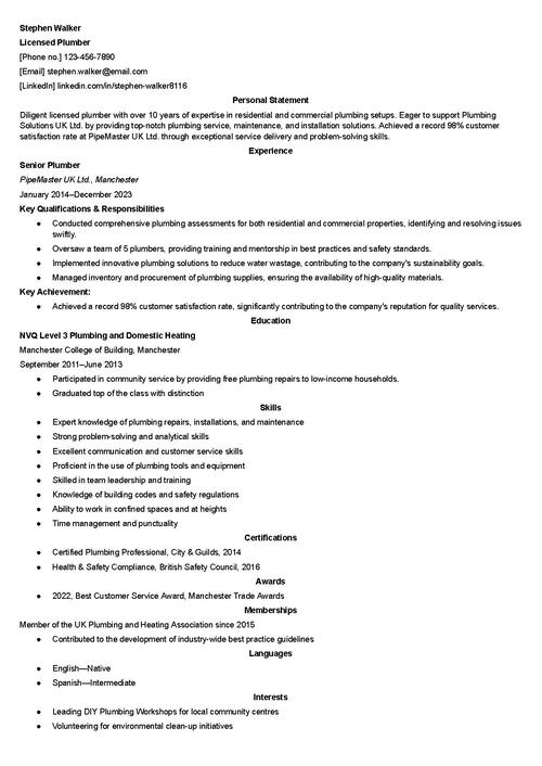 plumber CV example