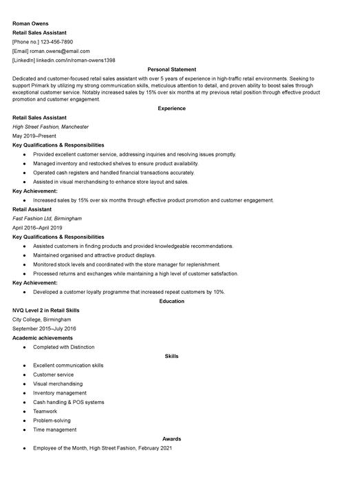 primark CV example