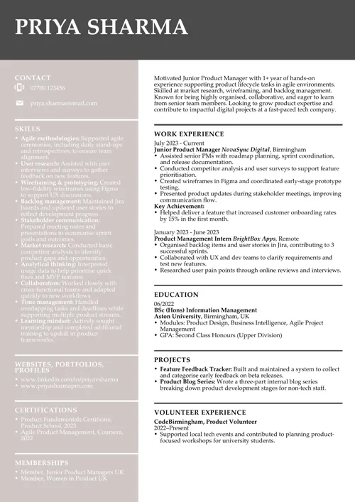 Product manager CV example for junior