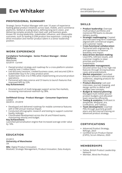 Senior product management CV sample