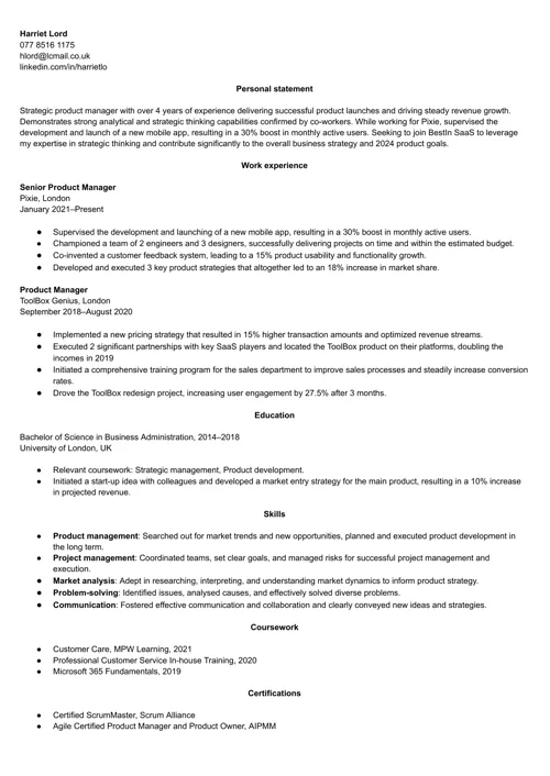 product manager CV example