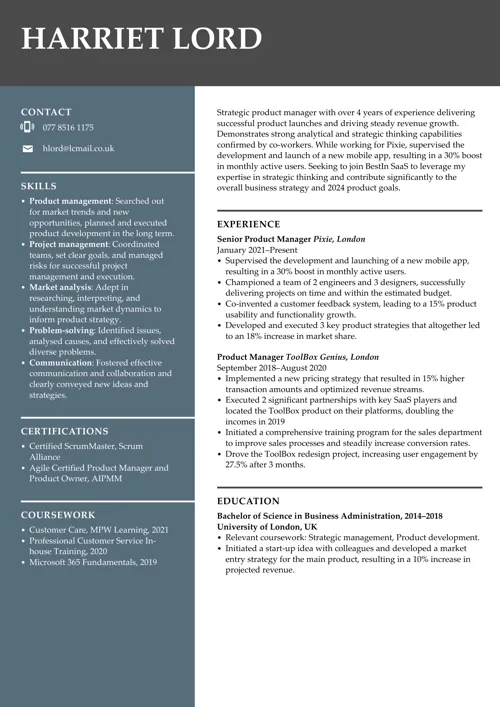 product manager CV example