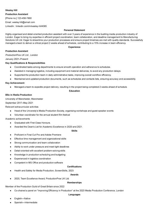 production assistant CV example